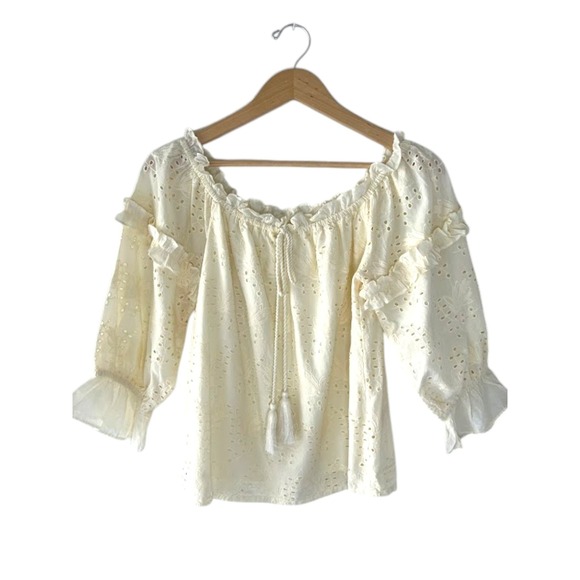 Seen Worn Kept Tops - Anthropologie Worn Heart Eyelet Peasant Blouse Ivory Boho Cottagecore 8 NWT